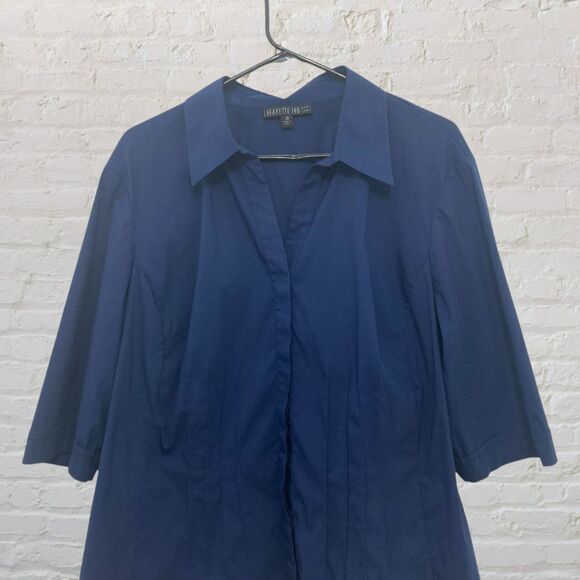 Lafayette 148 New York Blouse 20 Pintuck 3/4 Sleeve Button Down Navy Blue - Picture 5 of 14